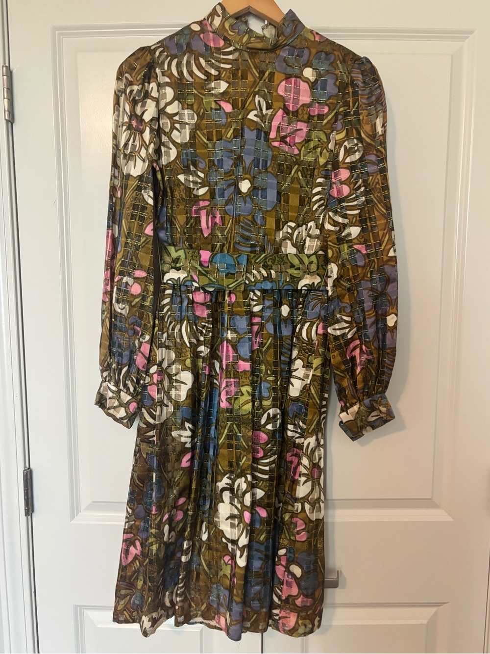 Vintage 60s Neiman Marcus Gold Lurex Silk Chiffon Floral Pleated Midi Dress